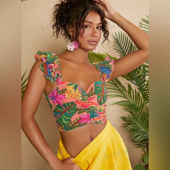 SHEIN TRVLCHIC Tropical Print Ruffle Trim Ruched Bustier Zip Crop Top BRAND NEW - Picture 2 of 3